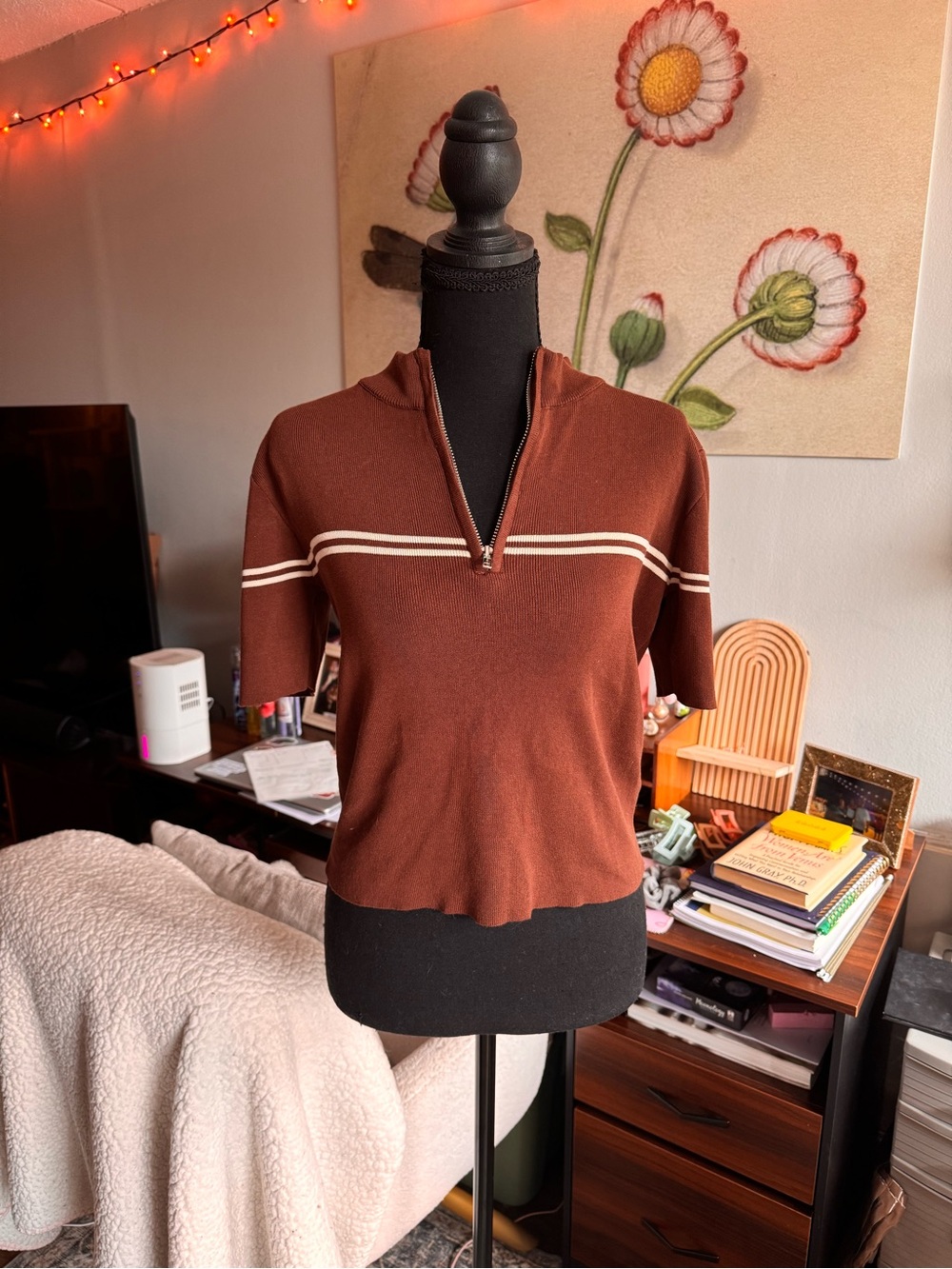 Brown Half-Zip Short Sleeve Knit Top with White Stripes